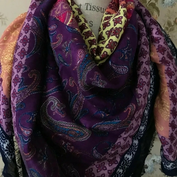 Tarnish - Large Square Paisley Patchwork Scarf - Coral, Navy, Purple, Yellow - Picture 7 of 14